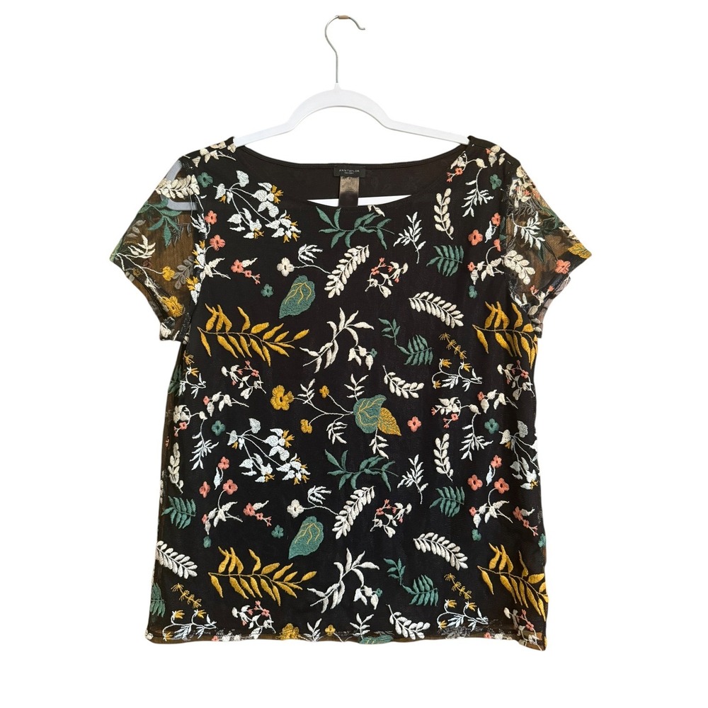 Ann Taylor All Over Embroidered Blouse Black Mesh Overlay Garden Fairy Size M - Picture 2 of 8